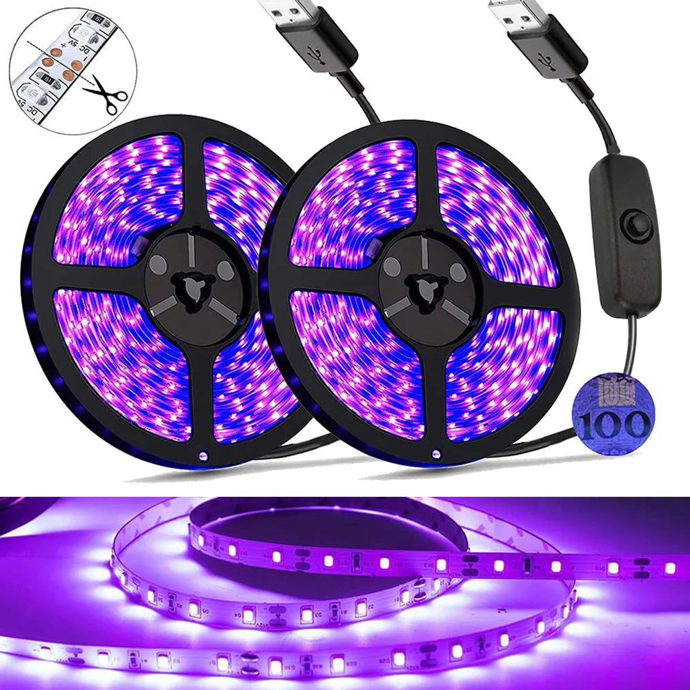 UV Led Strip light 5V UVA Light 395-405nm SMD2835 Ultraviolet Ray LED Diode Ribbon Purple Tape Lamp USB With Switch 60LEDs/m